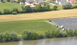 Bio-Erdbeerfeld zur Erntezeit von oben
